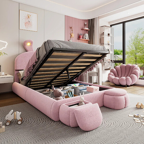 Blossom Paris Lit double capitonné hydraulique oreilles lapin avec LED, rangement et 2 bancs, velours, rose, 140x200 cm