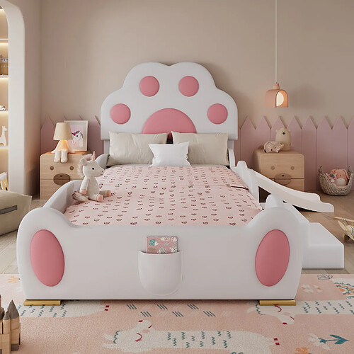 Blossom Paris Lit capitonné enfant tête de lit patte de chat avec toboggan et petite échelle, PU, blanc et rose, 90x200 cm
