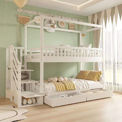 modfu Lit superposé 90x200 cm avec barrière et échelle, en bois, blanc