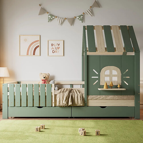 Blossom Paris Lit maison enfant avec toit, fenêtre, appui de fenêtre, 2 tiroirs, pin et MDF, vert et bois, 90x200 cm
