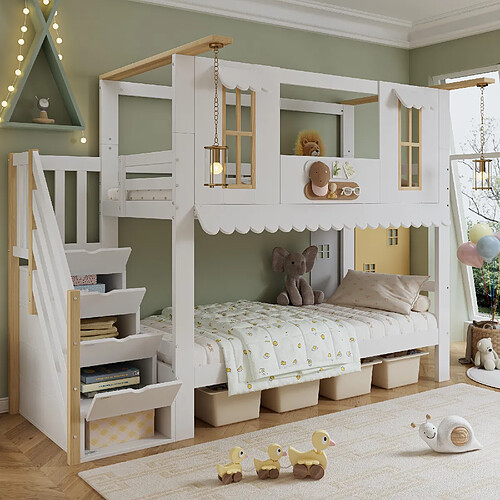 Blossom Paris Lit superposé enfant avec escalier de rangement, fenêtre détaillée, toit galbé et 2 feutres décoratifs, pin, MDF, contreplaqué, blanc et bois