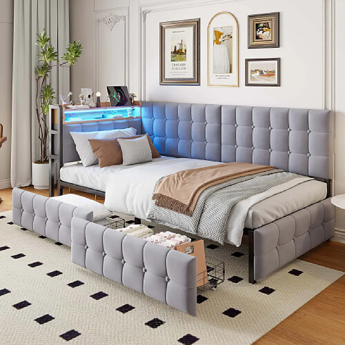 modfu Lit enfant 90x200 cm avec 2 tiroirs et lampe, en velours, gris