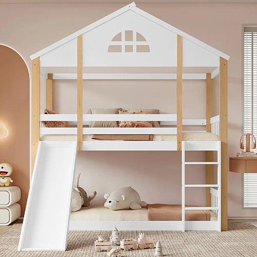 Blossom Paris Lit superposé enfant avec fenêtre unique, toboggan, échelle et protection, cadre bois, blanc et bois, 90x200 cm