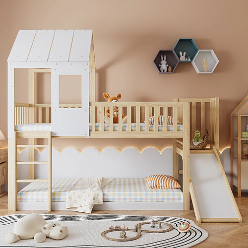 Blossom Paris Lit superposé maison avec échelle et toboggan, protection anti-chute, pin, bois et blanc (90x200 cm)