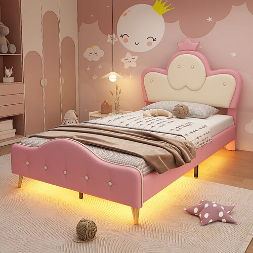 Blossom Paris Lit capitonné enfant avec LED et protection angles, tête de lit couronne, PU, rose et blanc, 90x200 cm
