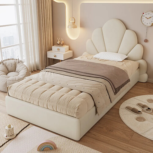 Blossom Paris Lit simple capitonné, tête de lit pétales galbées, design moderne, velours, beige, 90x200 cm