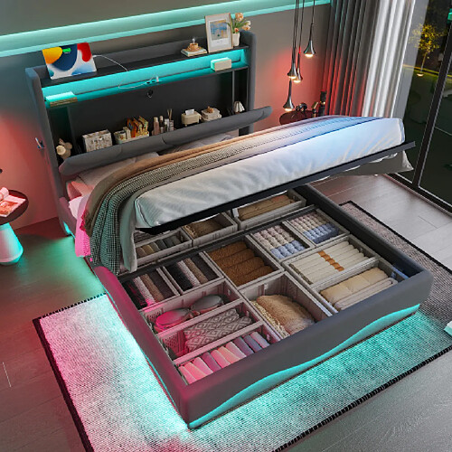 modfu Lit coffre 160x200 cm avec LED, étagères et USB, en velours, gris foncé