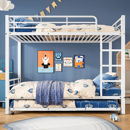 Blossom Paris Lit superposé enfant avec lit roulant intégré - Sécurité optimale avec 4 garde-corps - Cadre métal blanc 90x190/200 cm