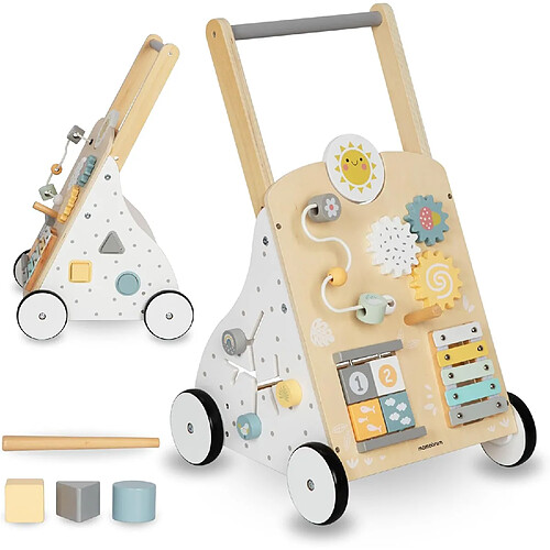 Trotteur en Bois avec Tableau de Manipulation - Hauteur Re´glable 58-66cm - Jouet d'E´veil Bébé
