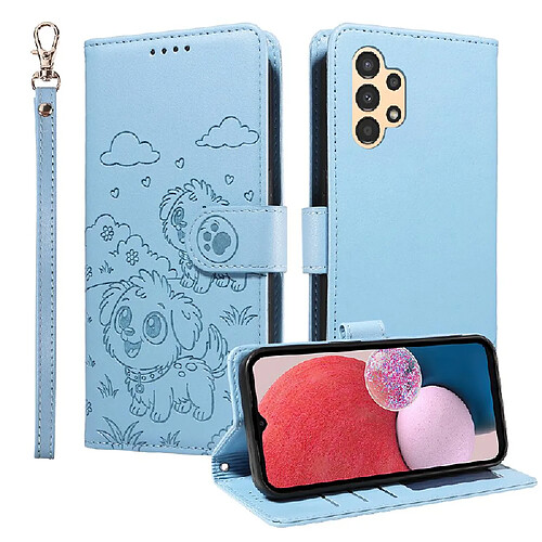 Samsung Galaxy A13 4G Étui Pour/5G Supports de fente pour carte Chien en relief Cuir Poche Sangle de poignet Bleu