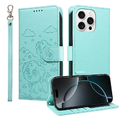 Compatible avec iPhone 16 Pro Max cas Poche Sangle de poignet Supports de fente pour carte Cuir Chien en relief Vert