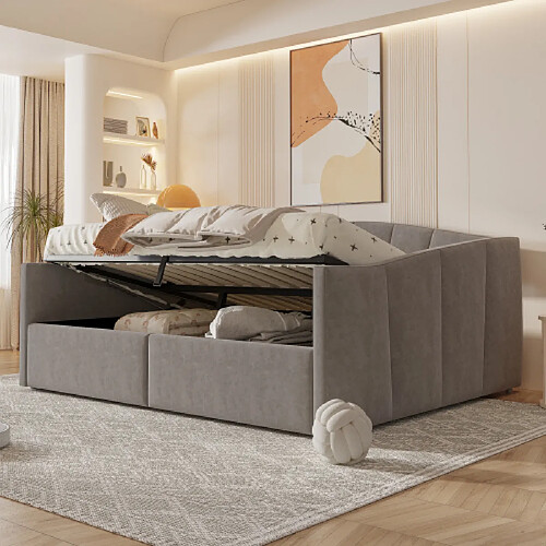 modfu Lit coffre 140x200 cm avec sommier à lattes, en velours, gris