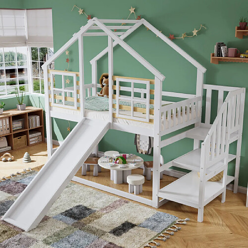 modfu Lit superposé 90x200 cm avec escalier et rambarde, en bois, blanc