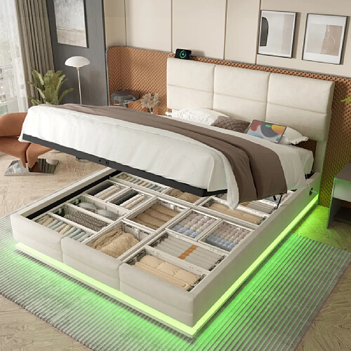 modfu Lit coffre 140x200 cm avec tête de lit réglable et LED, en velours, beige