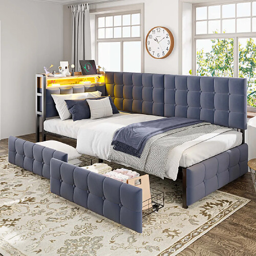 modfu Lit enfant 90x200 cm avec 2 tiroirs et lampe, en velours, gris foncé