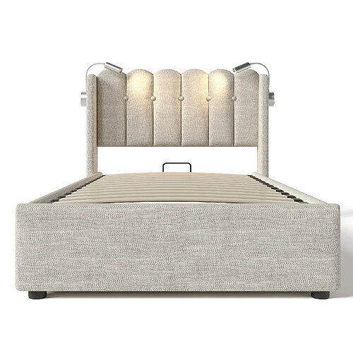 DZMDIP Lit coffre 90x200 cm 1 personne Tête de lit avec fonction de chargement, lampe de lecture, matière lin, couleur naturelle