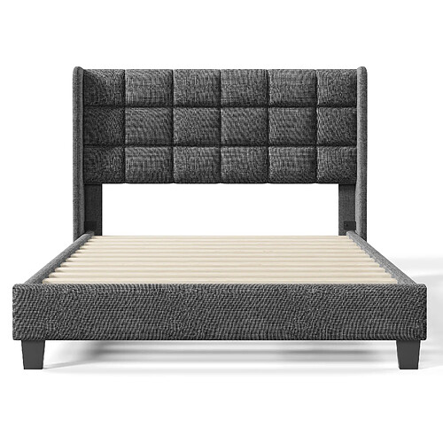 DZMDIP Lit double 140x200cm en tissu de lin, Lit adulte Cadre de lit avec sommier à lattes et tête de lit rembourrée, Gris