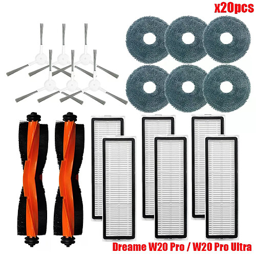 Pièces détachées pour aspirateur robot Dreame W20 Pro et W20 Pro Ultra : housse de brosse latérale, chiffon de nettoyage, sacs d’aspirateur, filtre HEPA de rechange~05372
