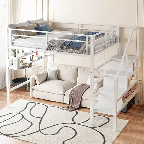 modfu Lit mezzanine 140x200 cm avec échelle de rangement, en métal, blanc