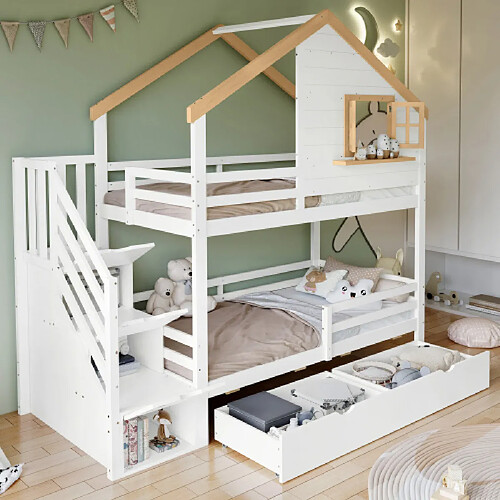 modfu Lit superposé 90x200 cm avec escalier de rangement, en bois, blanc