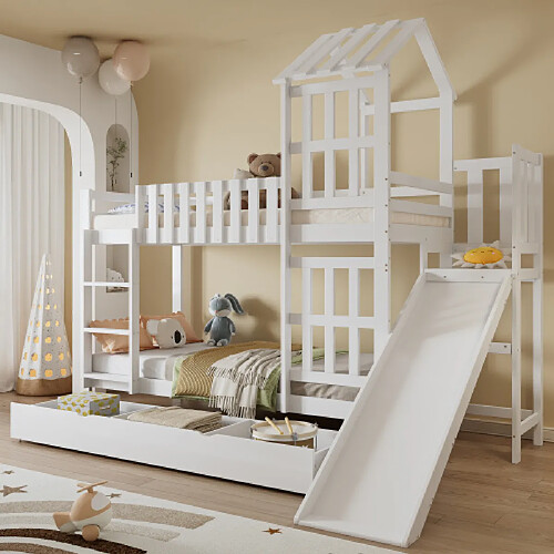 modfu Lit superposé 90x200 cm avec tiroir et toboggan, en bois, blanc