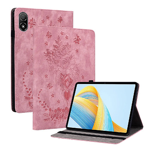Étui pour tablette Honor Pad V8 Pro , cuir gaufré, motif papillon et rose - Rose