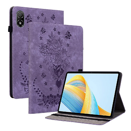 Étui pour tablette Honor Pad V8 Pro , cuir gaufré, motif papillon et rose - Violet