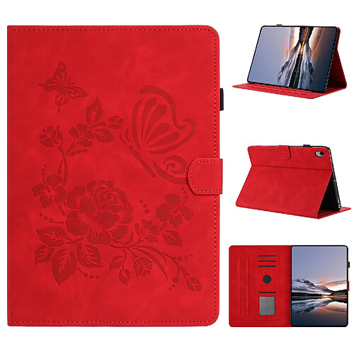 Étui pour tablette en cuir gaufré à motif papillon et fleur pour Redmi Pad 2 2025-Rouge