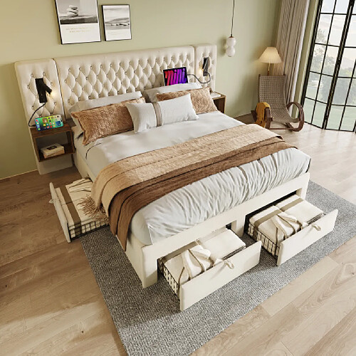 modfu Lit adulte 180x200 cm avec 2 tables de chevet et 4 tiroirs, lampe, en velours, beige