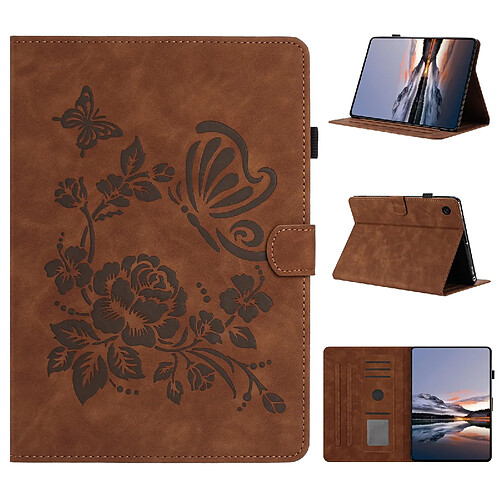 Étui pour tablette en cuir gaufré à motif papillon et fleur pour Samsung Galaxy Tab A8 2021-Marron
