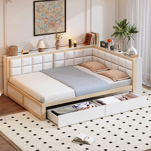 modfu Lit adulte 140x200 cm avec grand tiroir, en bois, naturel