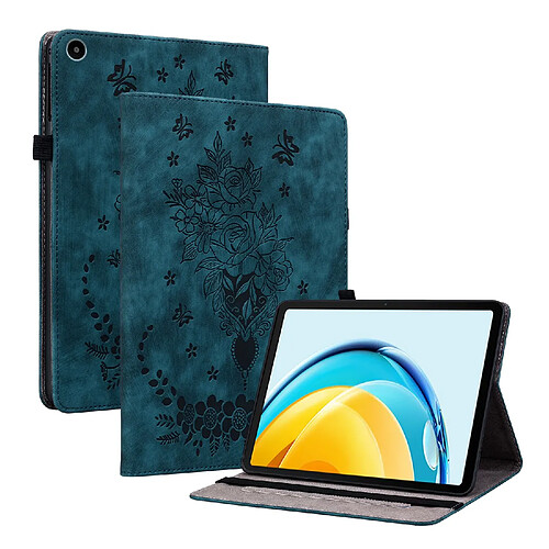 Étui pour tablette Huawei MatePad SE 10.4 , cuir gaufré, motif papillon et rose - Bleu foncé