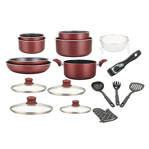 Batterie de cuisine revêtement pierre avec manche amovible 17 pièces bordeaux Herzberg HG8055-BR