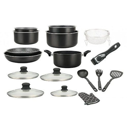 Batterie de cuisine revêtement pierre avec manche amovible 17 pièces noir Herzberg HG8055-BLK