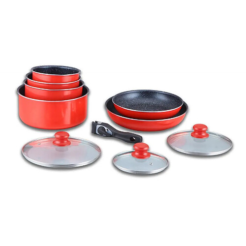 Batterie de cuisine revêtement pierre avec manche amovible 10 pieces rouge Herzberg HG5000-RD