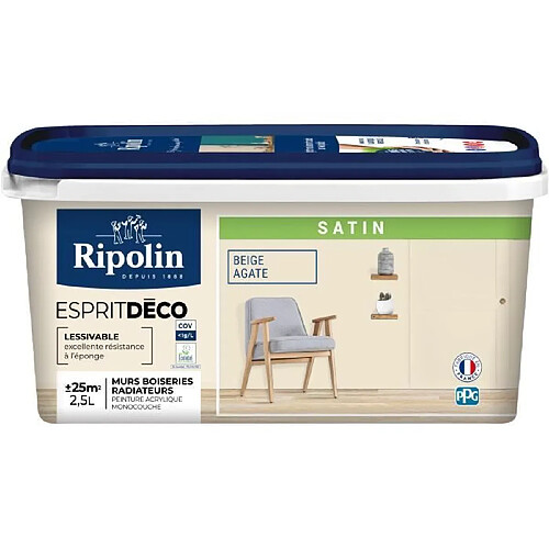 Peinture - RIPOLIN - ESPRIT DECO MULTI-SURFPORTS - Beige Agate - Finition Satinée - 2,5 L