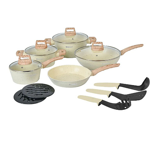 Batterie de cuisine 14 pièces avec revêtement en granit et manche en bois Beige Herzberg HGWDBEJ14-BEI