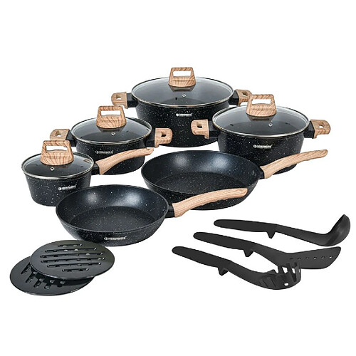 Batterie de cuisine 15 pièces avec revêtement en granit et manche en bois Noir Herzberg HGWDMRB15-BLK