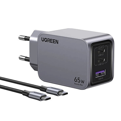 Chargeur Mural Ugreen Nexode Pro 65W 2xUSB-C 1xUSB-A avec Câble USB-C 1.5M Gris