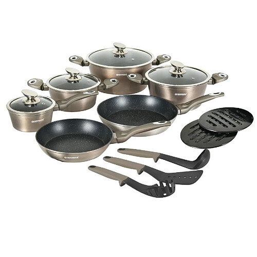 Batterie de cuisine 15 pièces avec revêtement en marbre Carbone Herzberg HGMETCR15-CAR