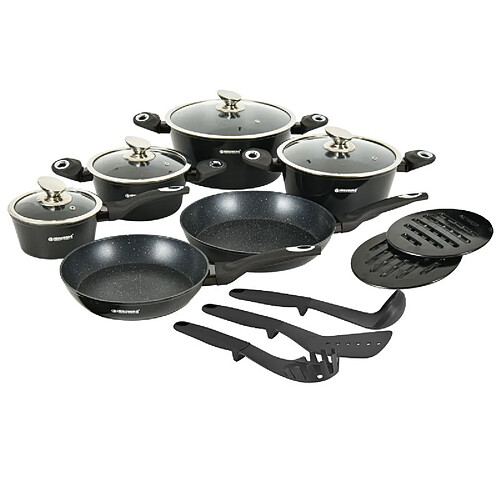 Batterie de cuisine 15 pièces avec revêtement en marbe Noir Herzberg HGMETBK15-BLK