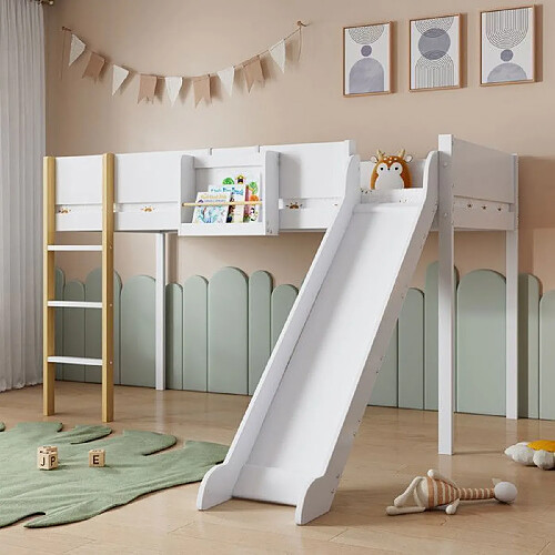 DZMDIP Lit mezzanine 90 x 200 cm avec échelle droite à trois marches, lit enfant avec toboggan, avec étagère amovible, pin + MDF