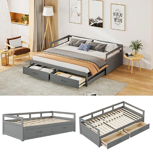 DZMDIP Lit gigogne avec tiroirs - 2 places - 2 x 90 x 200 cm - Bois - Panneaux de particules - Gris