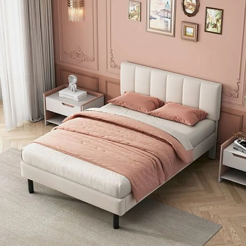 DZMDIP Lit double 140x190 cm lit 140 x 190 avec sommier 2 personnes Cadre de lit tapissé avec sommier à lattes, design minimaliste, beige
