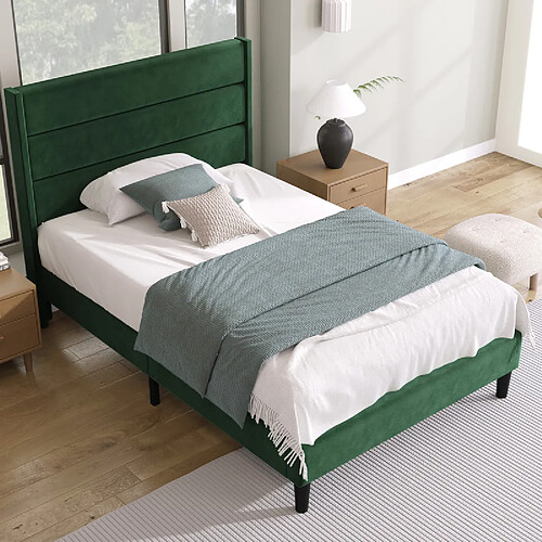 DZMDIP Lit 90 x 200 en tissu velours vert foncé, Lit simple avec sommier à lattes et tête de lit design moderne