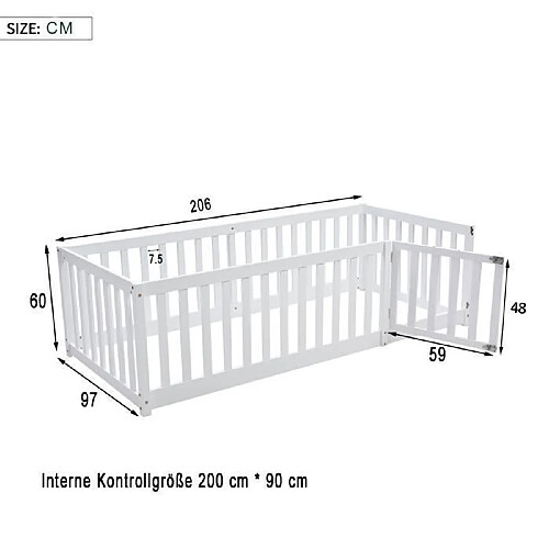 DZMDIP Lit enfant - lit au sol enfant - 90x200 cm - Bois de pin massif - Cadre de lit au sol avec clôture et porte - Blanc - Certifié