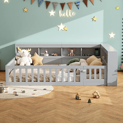 OKWISH Lit bébé 140x190 cm Lit double et rangement - Gris