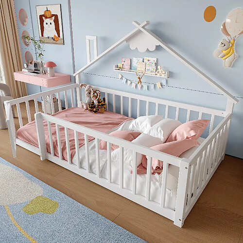 OKWISH Lit enfant 90x190 cm Lit pin MDF avec barrières - Blanc