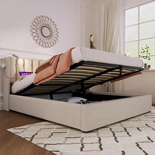 OKWISH Lit coffre 140x200 cm Lampe lecture - Beige