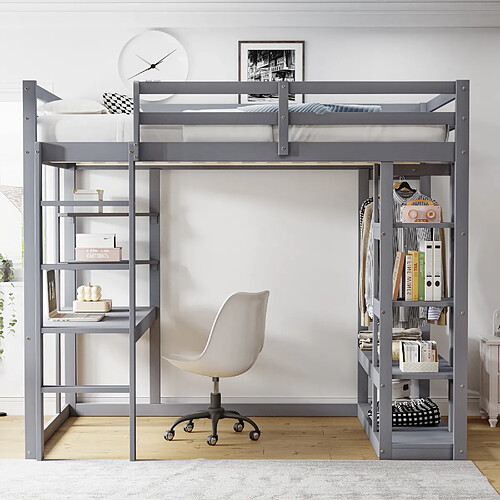 OKWISH Lit mezzanine 140x200 cm - Lit avec bureau - Gris